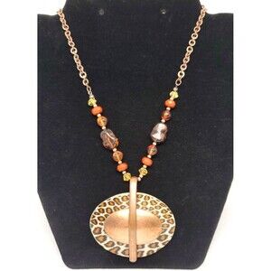 You & I Copper Tone Cheetah Pendant Beaded Necklace 18" Animal Print Signed